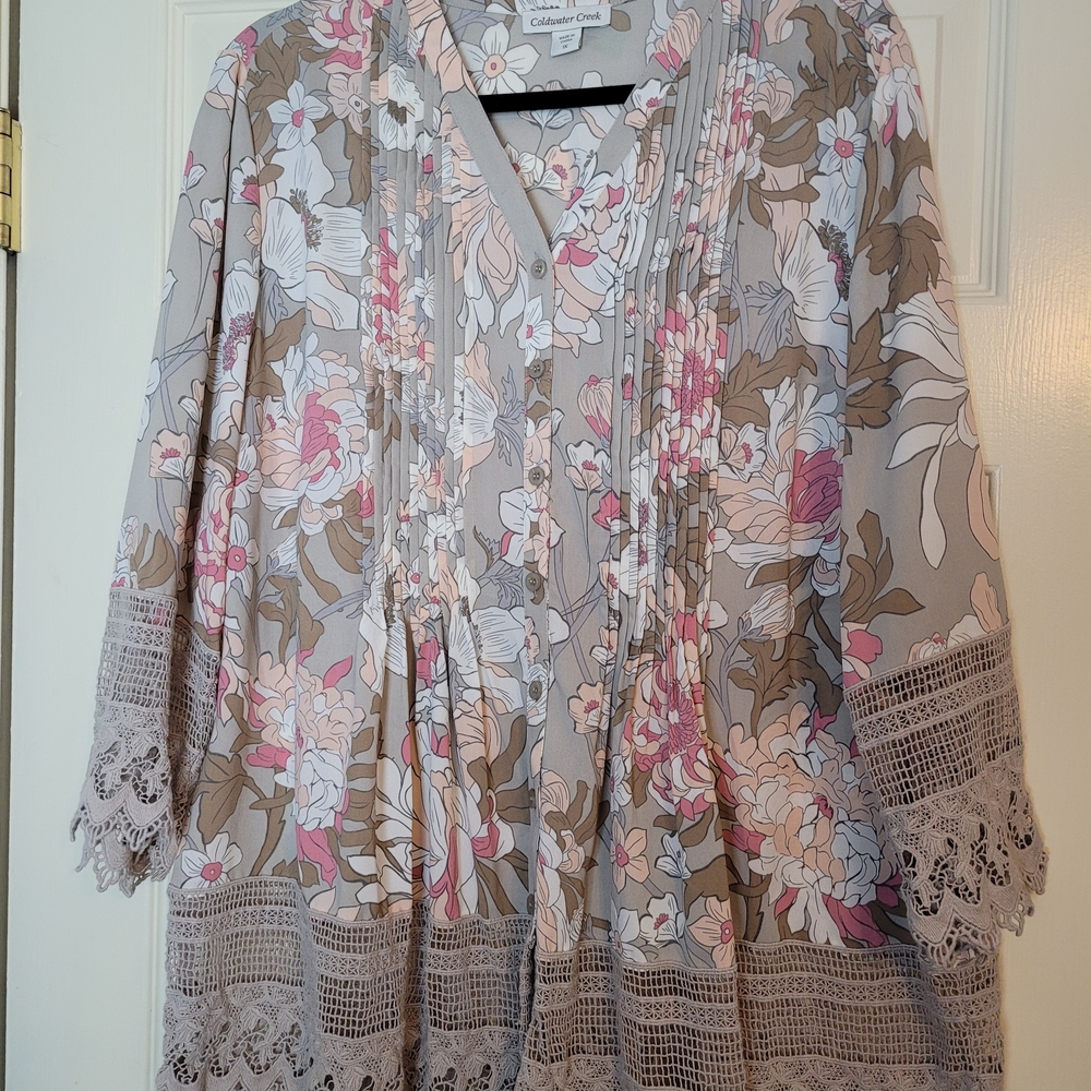 Coldwater Creek Floral Blouse with Lace Trim - Pink, White, Gray